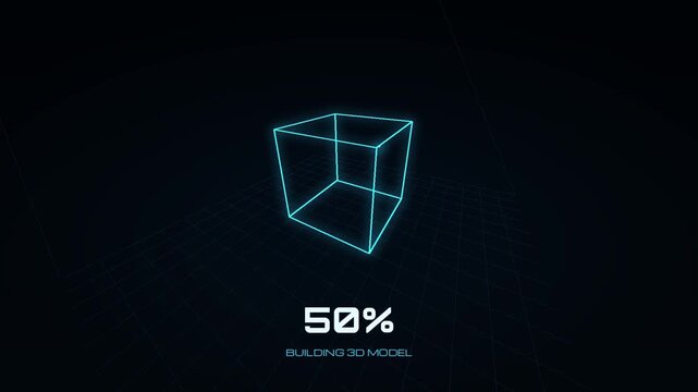 Wireframe 3D cube loading animation, glowing cyan edges drawing a rotating cube model from 1 to 100 percent over perspective grid, 3D rendering progress