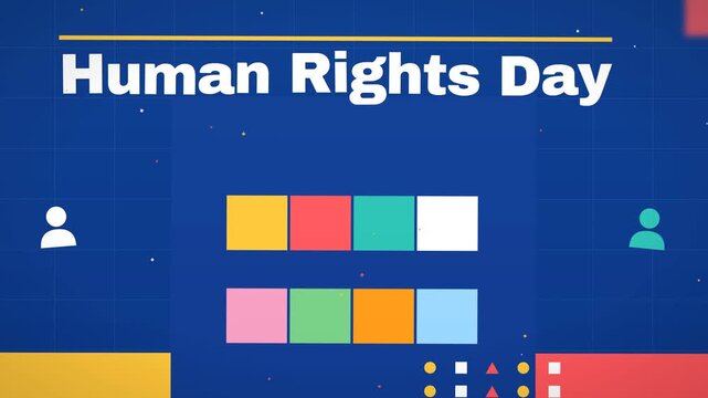 Vibrant kinetic colored blocks snap into alignment on a grid forming an equals sign for International Human Rights Day equality