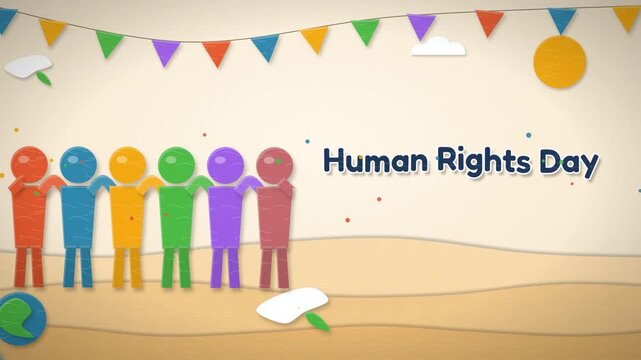 Handcrafted folded paper doll chain unfolds into diverse figures of every color holding hands for Universal Human Rights Day