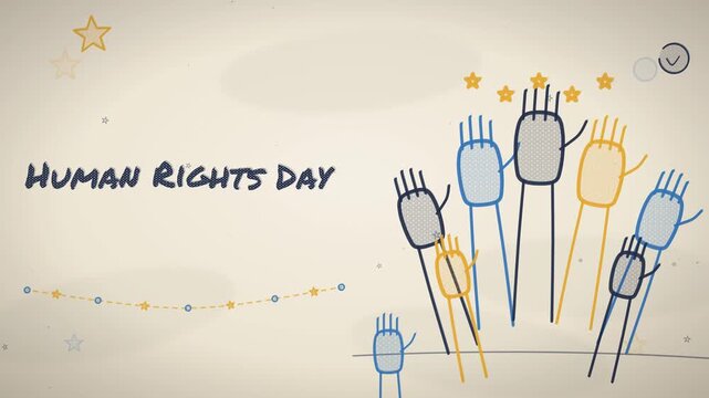 Hand drawn ink illustration sketches a determined crowd of raised hands standing together for International Human Rights Day