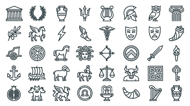 Ancient greek mythology vector icon set featuring lyre owl trident