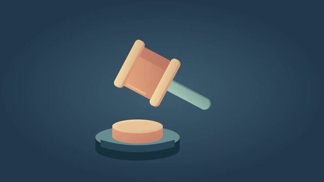 A copper and cream judge gavel swings down onto a sound block with brief impact lines on a deep blue background.