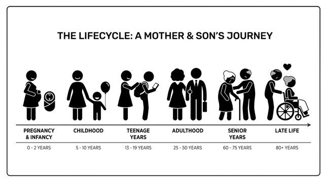 Lifecycle infographic vector chart, mother and son life stage timeline, human growth sequence diagram showing age phases from pregnancy to late life