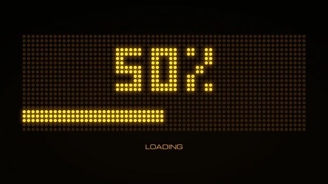 LED dot matrix display loading animation, amber pixel lights counting from 1 to 100 percent with filling bar, retro electronic scoreboard panel ready screen