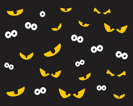 Many yellow and white cartoon eyes scattered on a dark black background
