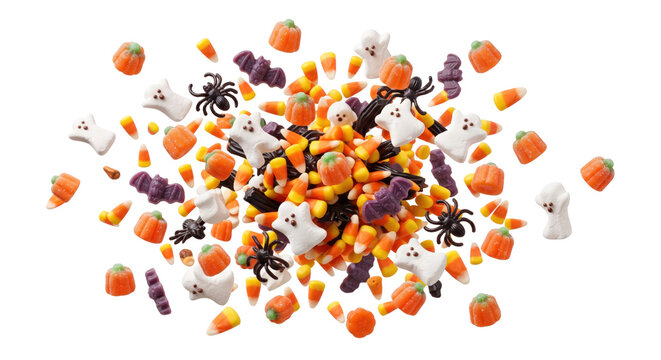 Scattered mix of Halloween candy corn and gummy treats