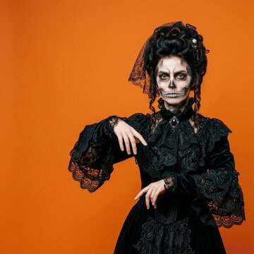 Woman with skeleton face paint posing in black Victorian lace dress and veil on orange background. Sugar skull makeup close-up concept. Halloween costume and spooky celebration idea.