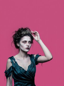 Zombie woman in torn prom dress touching tiara on vivid pink background. Undead prom queen beauty with pale ghoulish makeup. Halloween costume and spooky horror character.