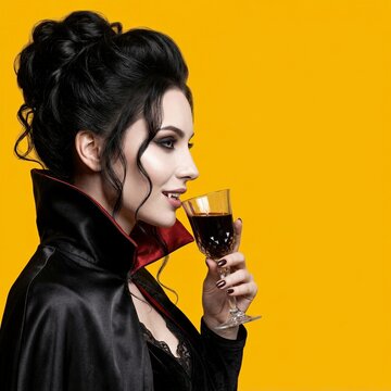 Woman in vampire costume drinking red wine from glass on orange background. Profile of pale face with fangs and black cape with red collar. Halloween vampire party.