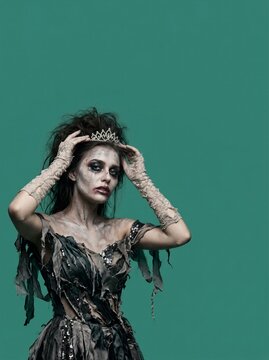 Zombie prom queen with messy hair adjusting tiara on green studio background. Halloween makeup with scars and smoky eyes. Horror costume and spooky party character. Undead fantasy concept.