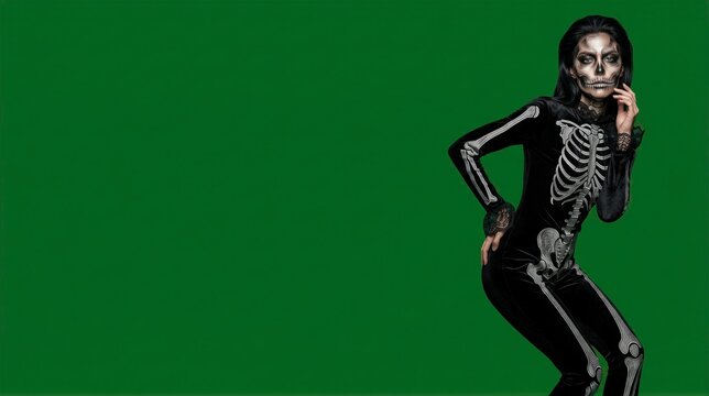 Woman in skeleton costume and skull face paint posing on green screen background. Halloween skeleton makeup look. Costume party and horror theme. Copy space for text.