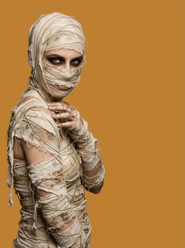 Mummy Halloween costume with bandages and dark eye makeup on orange background. Woman in wrapped Halloween costume with copy space. Spooky holiday character. Costume party and horror concept