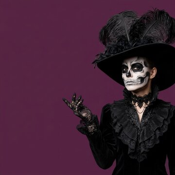 Woman with skull face paint in black hat with feathers gesturing against purple background. Halloween skeleton makeup and costume. Gothic elegant makeup concept. Copy space.