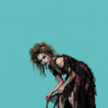 Zombie woman in tattered dress bending forward on turquoise background. Halloween costume with scary makeup and messy hair. Undead horror character. Spooky holiday party concept.