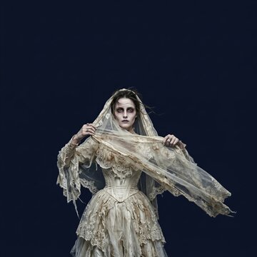 Undead bride in tattered vintage wedding gown holding flowing veil on dark blue backdrop. Halloween dead bride costume with ghost makeup. Horror, gothic fantasy and spooky celebration