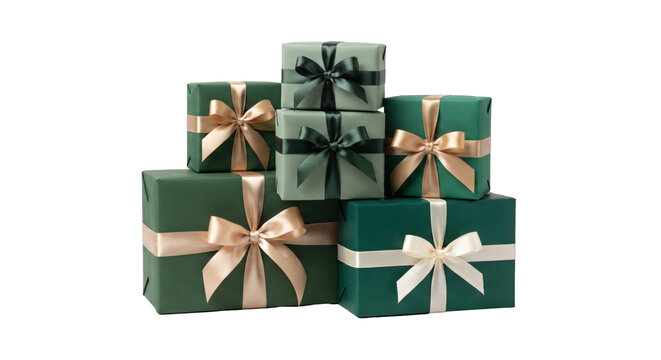 Stack of green wrapped gift boxes with satin ribbons