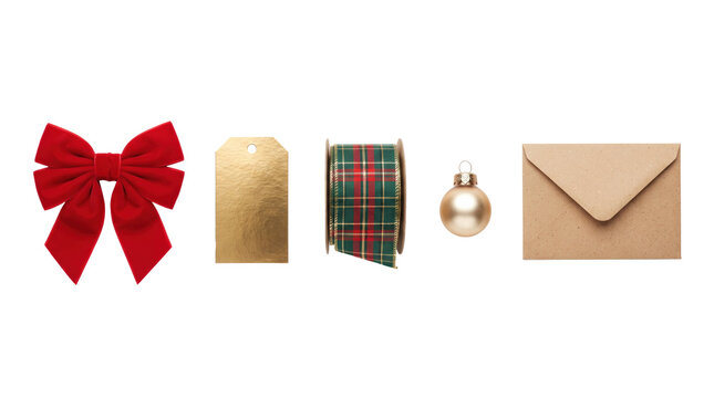 Christmas gift wrapping elements with bow ribbon tag bauble