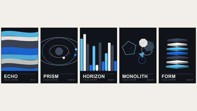 Echo, prism, horizon, monolith, form visual system posters featuring blue, white, and grey geometric shapes on dark background panels
