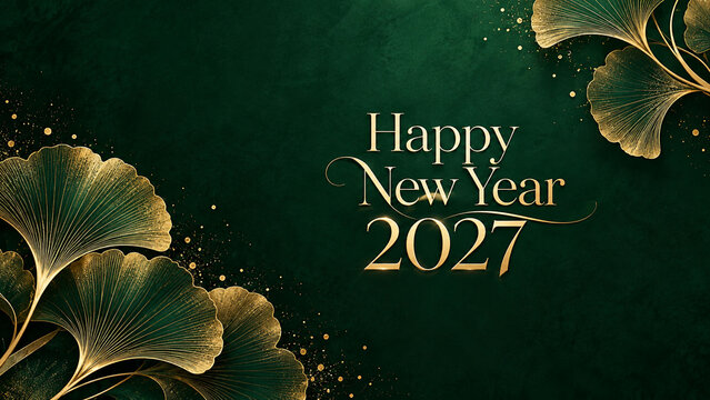 Bonne ann&eacute;e 2027 dor&eacute;e sur fond vert &eacute;meraude et feuilles de ginkgo