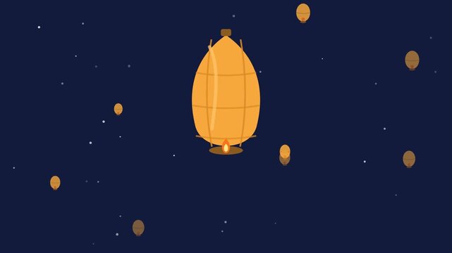 Chinese sky lantern floating in night sky, cap go meh lantern festival animation, seamless loop