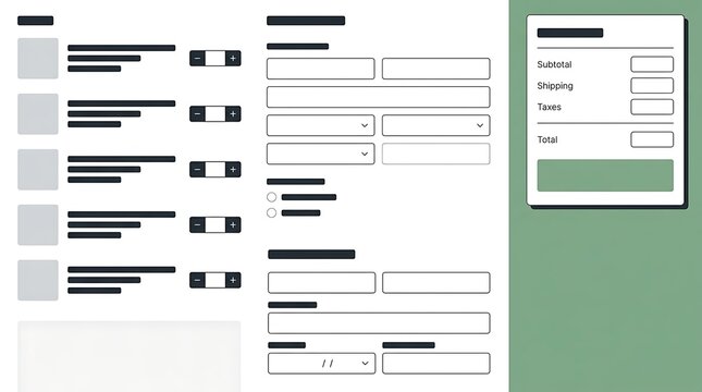 E-commerce Checkout Page Wireframe Template with Product List, Shipping Form, and Order Summary Sidebar Layout