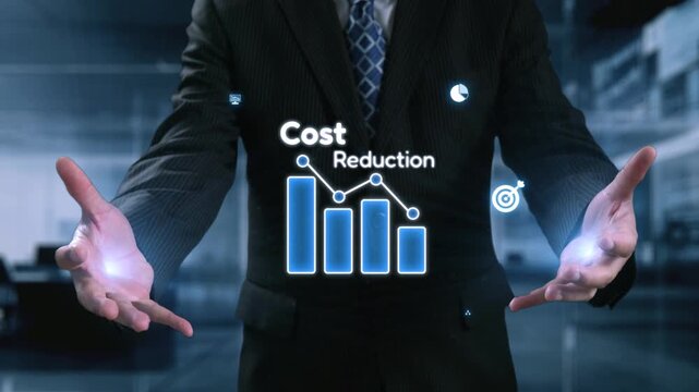 A businessman is showcasing the concept of cost reduction through graphical icons and data visualization in a sleek office setting, emphasizing financial efficiency and growth. Qubit