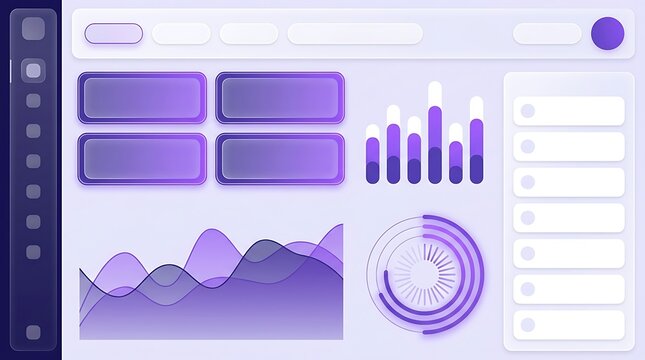 User Dashboard Interface UI Kit with Analytics Charts and Data Visualization Widgets in Purple Neumorphism Style