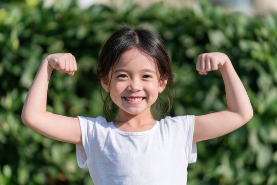 Cheerful girl of Asian descent poses with visible biceps, smiling at camera in a vibrant green backdrop