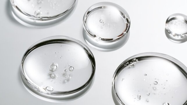 Close-up image of glossy gel droplets with tiny bubbles in skincare formulation on white backdrop