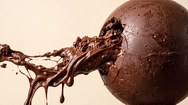 Gigantic chocolate sphere bursting open with thick flowing ganache and molten fudge on the right