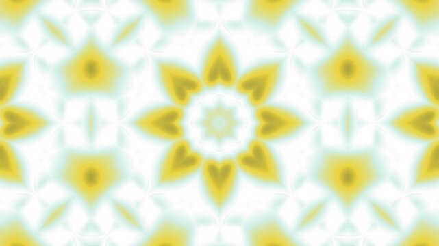 Abstract golden yellow and green kaleidoscope pattern background with symmetrical floral shapes.