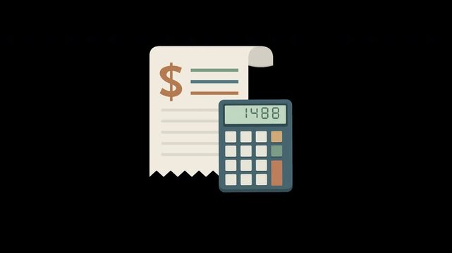 Animated receipt and calculator with sequential button presses and a changing display on transparency.
