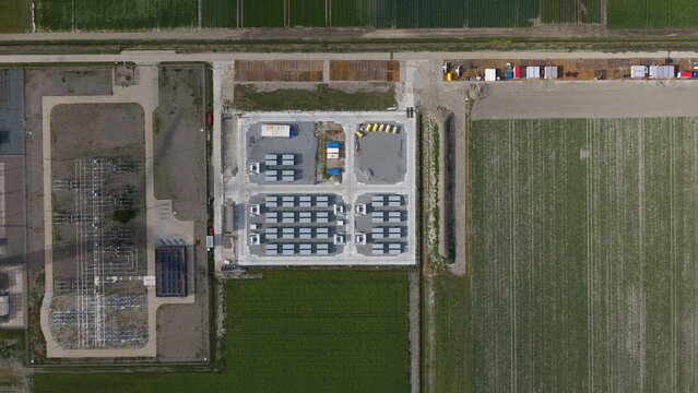 Aerial view of battery storage construction at Westermeerdijk in the Netherlands
