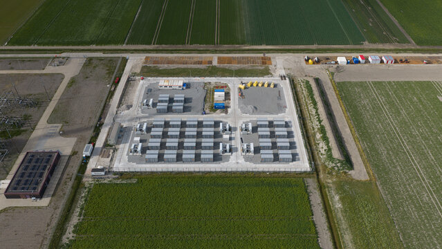 Aerial view of battery storage construction at Westermeerdijk in the Netherlands