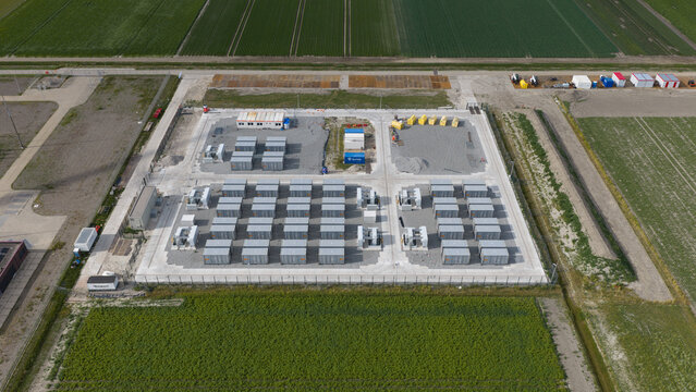 Aerial view of battery storage construction at Westermeerdijk in the Netherlands