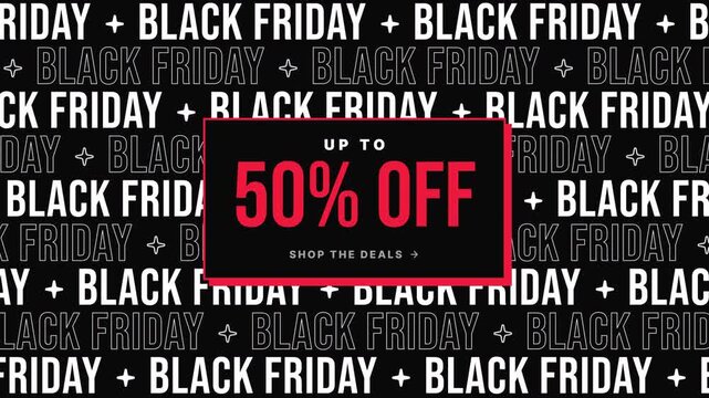 Black Friday kinetic typography wall with scrolling text rows and up to 50% off sale card black and red seamless loop