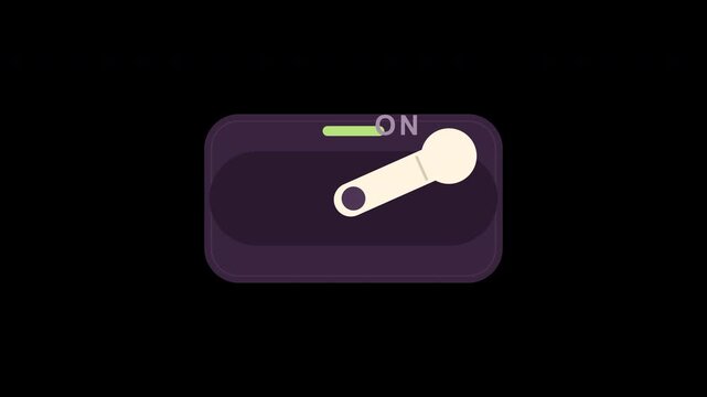 Charcoal rocker lever switch with spring snap, status LED and OFF ON labels on transparent background seamless loop.