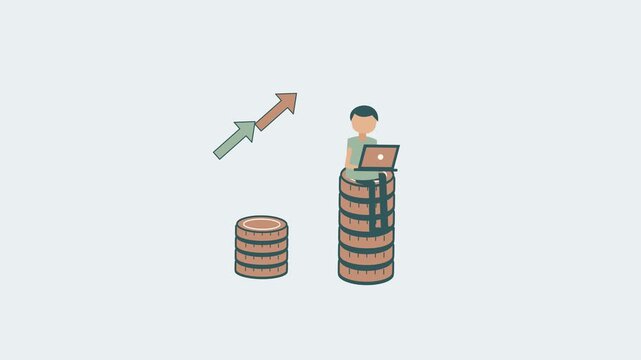 A worker types above copper savings stacks as sage and coral growth arrows rise on a soft blue background.