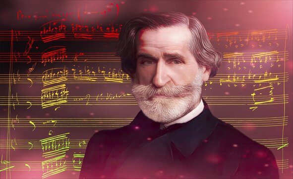 Giuseppe Verdi, 1813 &ndash; 1901, Italian opera composer, autograph notesheet from Don Carlos, digitally edited after a painting of Giovanni Boldini