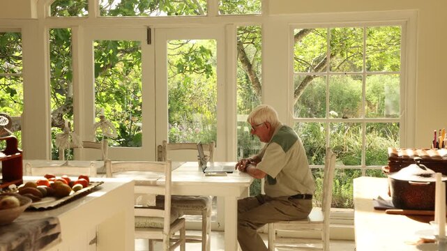 elderly man (90) looking at laptop computer in light filled room