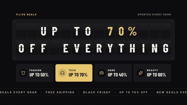 Black Friday deals on a split flap board with flipping letters and up to 70% off discount black and gold seamless loop