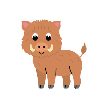 Cute cartoon wild boar for children, isolated on a white background.