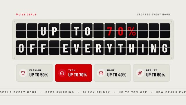 Black Friday deals on a split flap board with flipping letters and up to 70% off discount off-white and red seamless loop