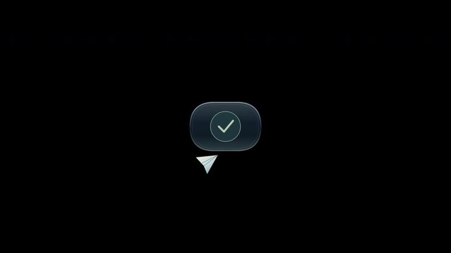 Premium send button with a paper plane flight and confirmation check in an eight second transparent seamless loop.