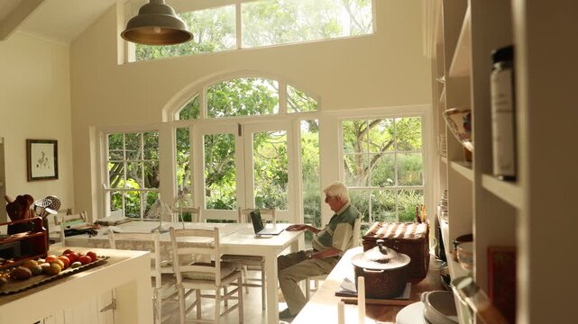 elderly man (90) looking at laptop computer in light filled room