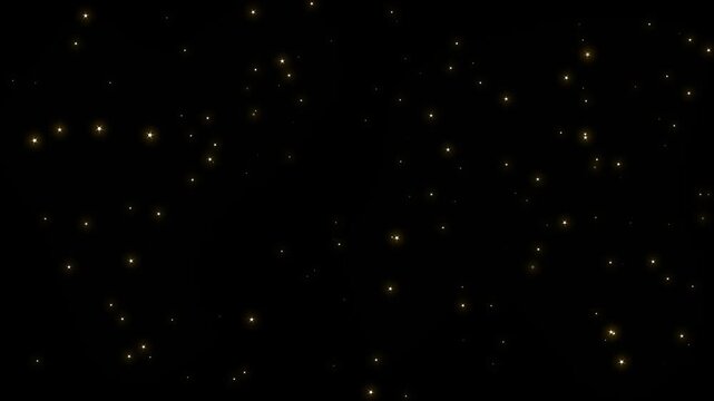 Elegant golden star particle explosion with sparkling glitter dust, retro vector doodle stars, magical light trail, twinkling bokeh effects and seamless black screen overlay motion graphics in. 4K