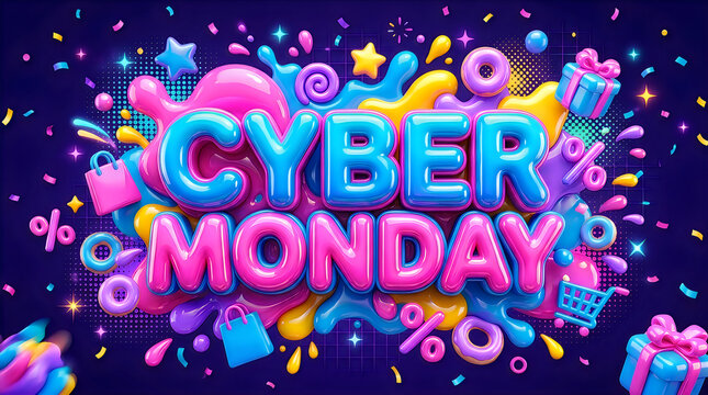 Cyber monday colorful bubbly text surrounded by gifts and confetti.