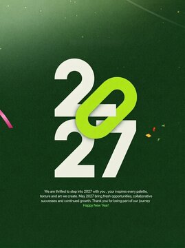 Feliz a&ntilde;o nuevo 2027 con dise&ntilde;o gr&aacute;fico moderno sobre fondo verde
