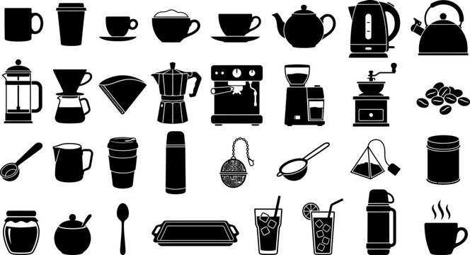 Collection of black silhouettes of coffee and tea making utensils and accessories
