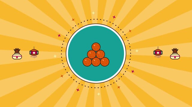 Diwali diwali icon badge transitioning between diya lantern sweets and kalash, flat vector animation seamless loop